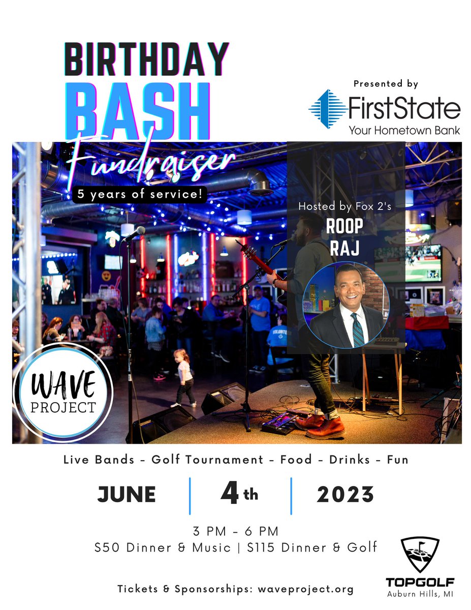 (1) Today is the last day to register for our #BirthdayBash presented by @FSBMichigan. @rooprajfox2  will host the event. @KennySpear and Stereo Kings will be performing live. There will be a Topgolf tournament, raffles, and 50/50.
