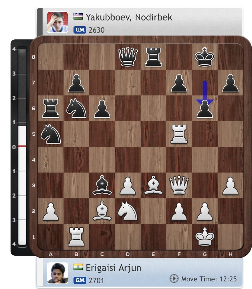 Unudurti's tweet image. With everything to play for in the last round of the #SharjahMasters, the first computer line for Arjun here goes 21. Ne4 gxf5 22. Nxc3 Qf6 23. Ne4 with a win sealing tournament victory  🫨