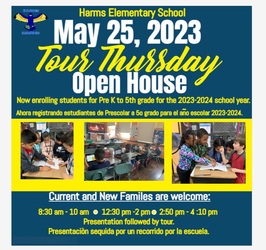 HarmsElementary's tweet photo. Open House! Come check out our school, see our school in action! Check out our new library and wellness room! You can choose one session that's convenient for you. The same information will be shared each time. https://t.co/pDExgQFxGH