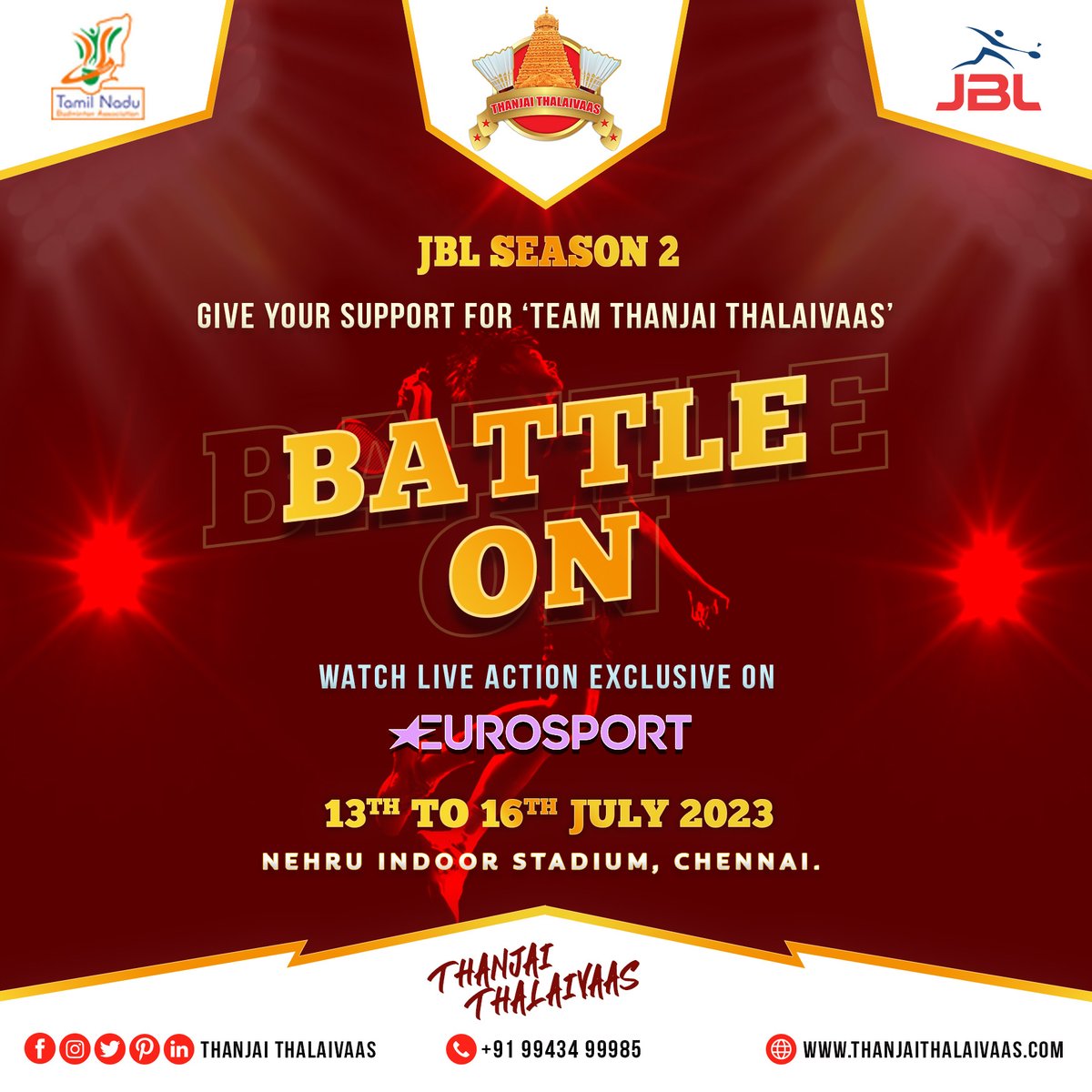 TThalaivaas's tweet photo. 🌟Time to get smashed... Junior Badminton League season 2 battles from July 13 to July 16 at Nehru Indoor stadium🎊, Chennai...Where to watch? Watch live on Eurosport and support...💖
#thanjaithalaivaas #eventopening #thanjavur #jbl #thanjavur #badminton #jblseason2 https://t.co/V3B67E1RZ9