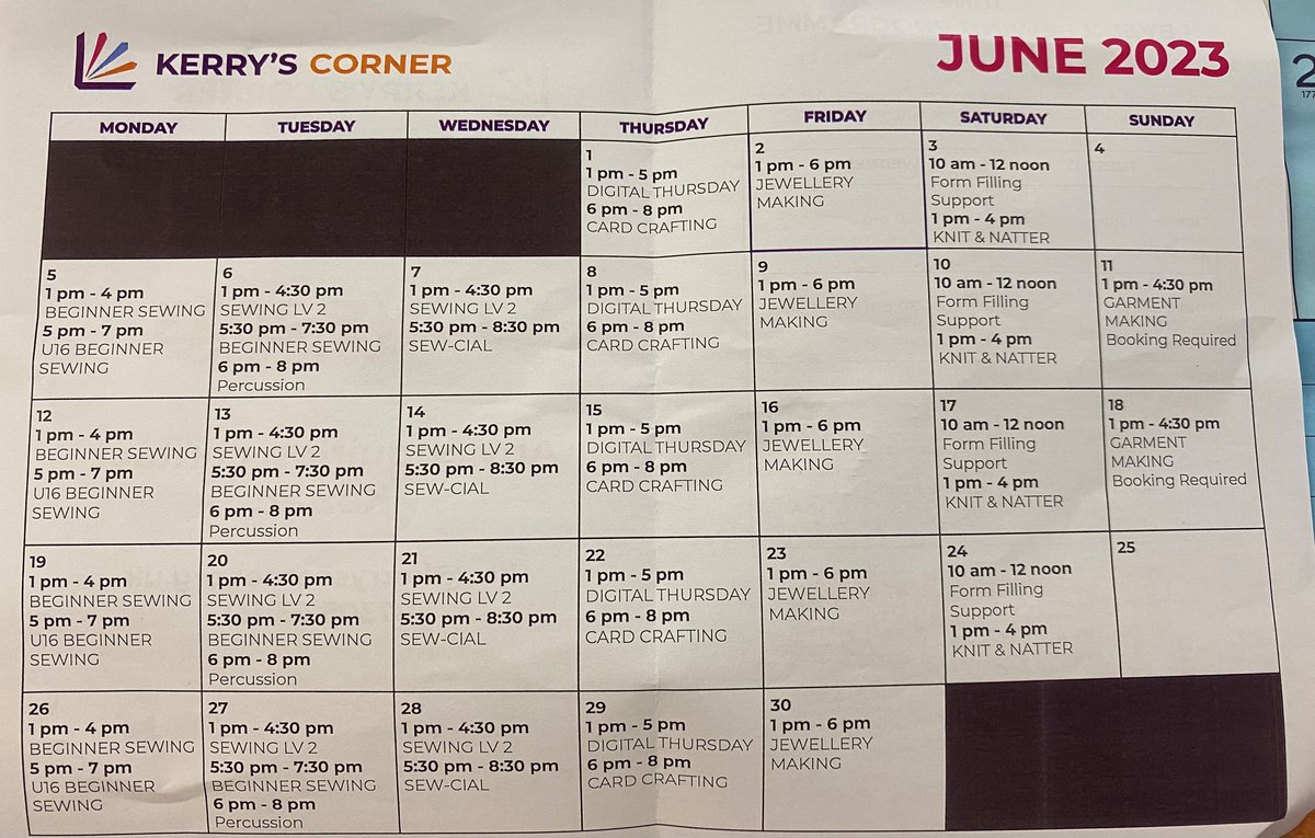 spinninggate's tweet photo. If you haven't been to @Higher_FoldsCC you NEED to pay it a visit
Check out this schedule for sessions at @KerrysCornerCIC - what a fabulous way to meet new friends while learning a new hobby at the same time!!!
#hobby #friends #social #skill #sewing #crafts #knig #leigh https://t.co/DRQvwc5s4J