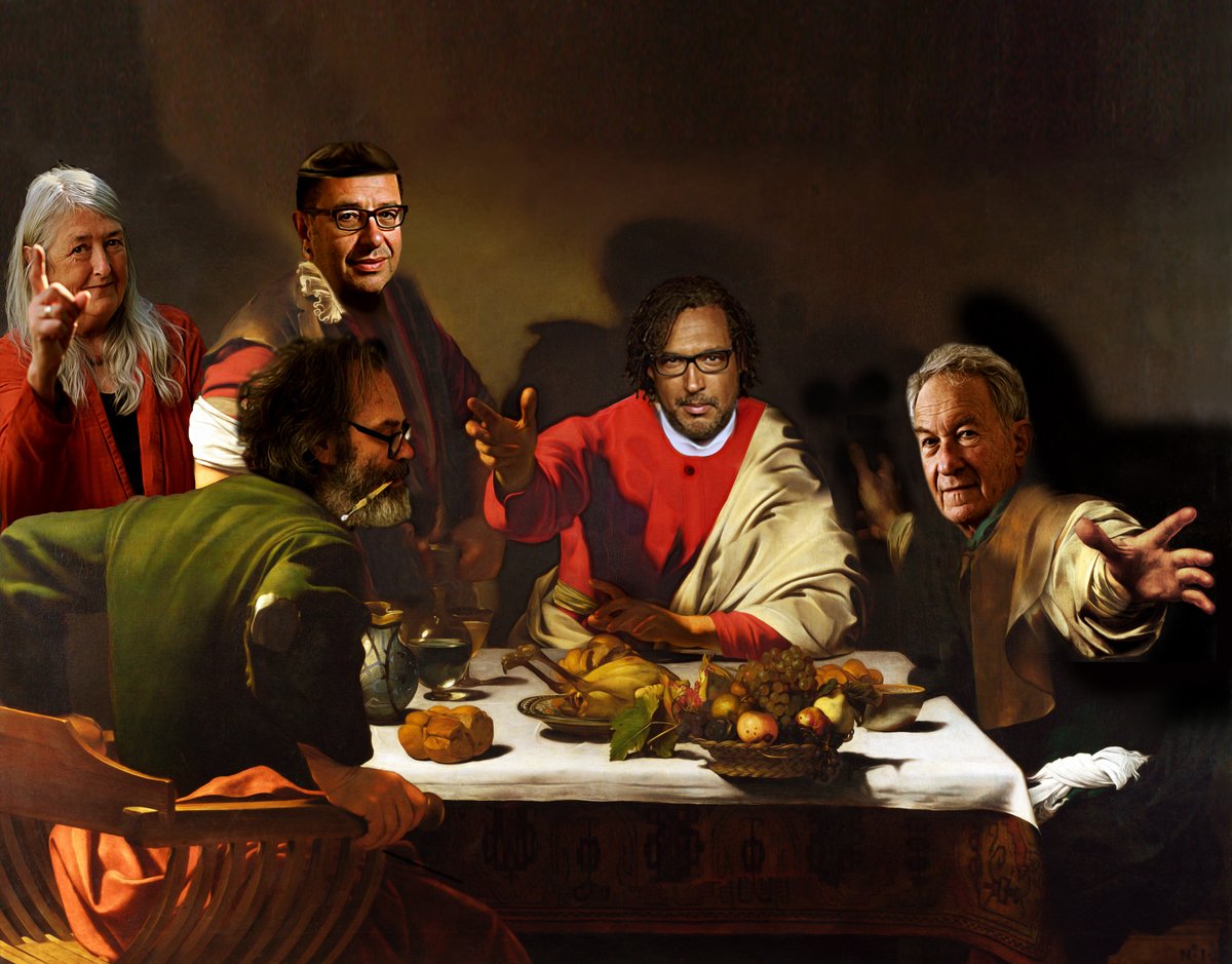 ColdwellContact's tweet photo. 'Supper with Historians' @simon_schama - after 'Supper at Emmaus' by #Caravaggio. LtoR #MaryBeard #WaldemarJanuszczak #MatthewCollings (foreground) #DavidOlusoga #SimonSchama #civilisation #culture #digitalpainting #artaboutart #arthistory #historians https://t.co/PXbMmDZ3tC