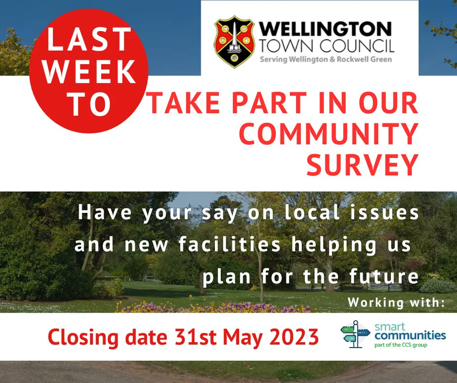 communitiesltd's tweet photo. Your FINAL CHANCE to take part in the Wellington Community Survey! Have your say on local issues &amp; new facilities helping us plan for the future, your voice really does matter. Complete the online Survey here: https://t.co/PCvtNQK3v3 
Closing date: 31st May 2023 https://t.co/85ULnxXdbH