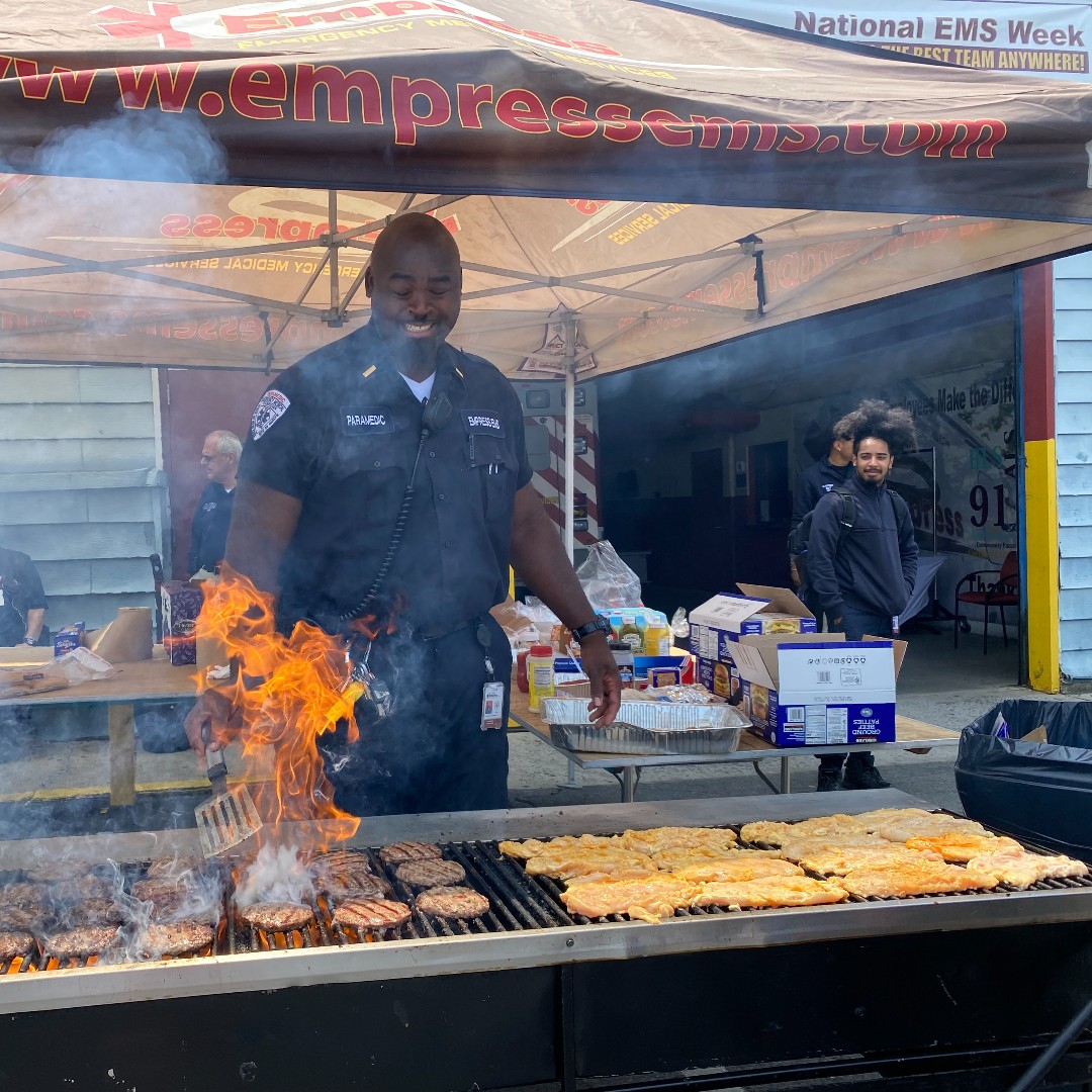 Empress EMS is BBQing every day this week for EMS Week. Lt. Jamiel Cunningham showing off his skills at the grill #EMSWeek #Paramedic #EMT #BBQ