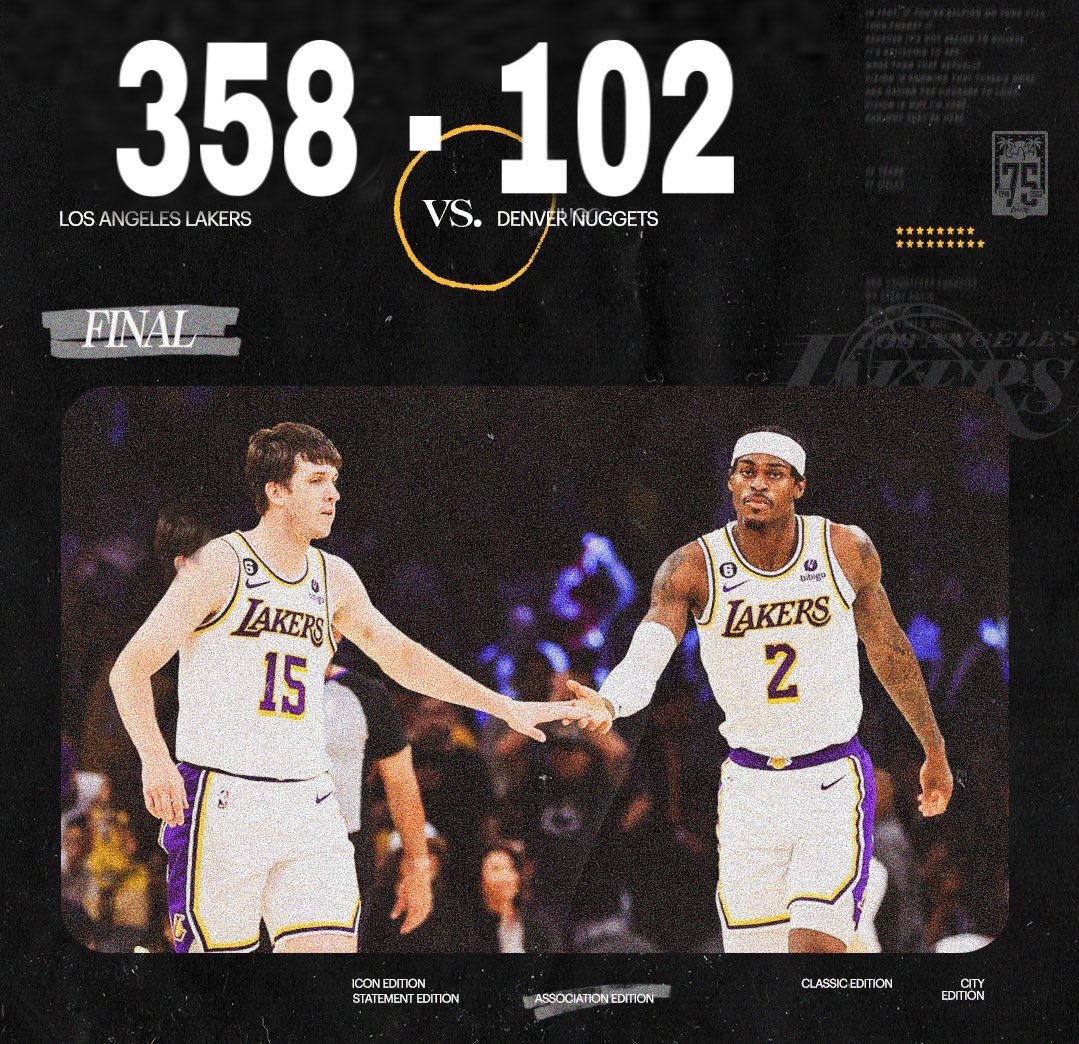 KAZANDIK 
Lebron James 92 Sayı, 23 Ribaund, 17 Asist

Kobe Bryant 70 Sayı, 15 Ribaund, 6 Asist

Anthony Davis 63 Sayı, 48 Ribaund, 12 Asist

Shaq 64 Sayı, 50 Ribaund, 10 Asist

Austin Reaves 58 Sayı, 3 Ribaund, 6 Asist

Lakers TR 9 Sayı, 1 Ribaund

D’Angelo Russell 0 Sayı