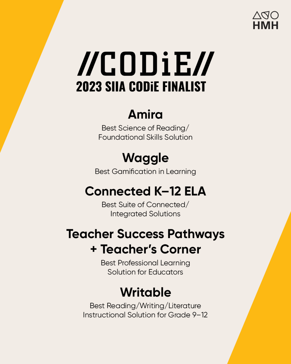 I'm #HMHProud to share that the @SIIA community has selected five HMH solutions as finalists in this year's @CODiEAwards! 🏅 Learn more: spr.ly/6017OWk7v