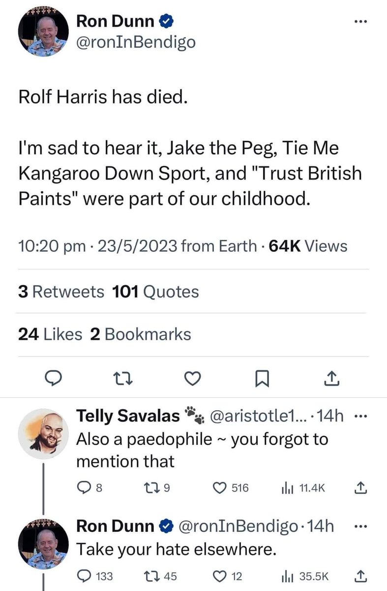 CharlieLewisMAA's tweet photo. @ronInBendigo @PhilUnfiltered Think he means this m8. Rolf Harris was definitely 
Narcissistic 
Odious 
Nefarious 
Creepy
Evil https://t.co/1yZcJ975FJ