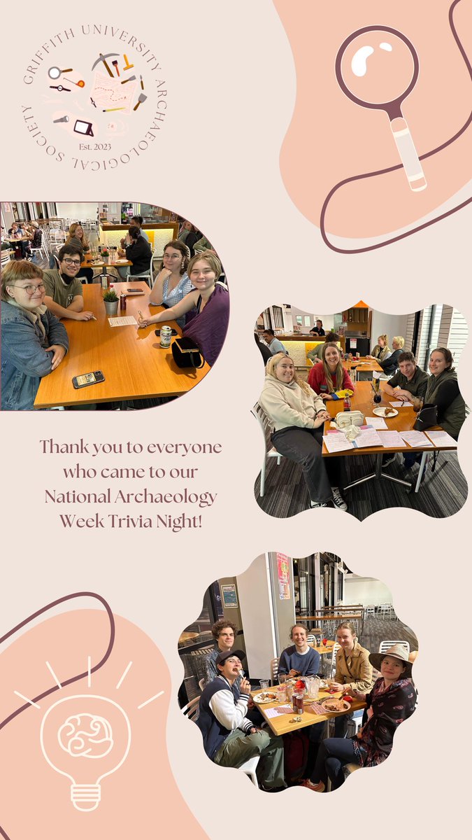 Griffith University Archaeological Society (GUAS) (@gu_archsoc) on Twitter photo Thank you to everyone who came to our <a href="/archaeologyweek/">National Archaeology Week</a> Trivia Night! We hope you had a great night 🤗
Also a massive thank you to <a href="/ARCHE_Griffith/">Australian Research Centre for Human Evolution</a> and <a href="/PerstonYL/">Dr Yinika Perston</a> for your prize donations🏅 Thank you to everyone who came to our <a href="/archaeologyweek/">National Archaeology Week</a> Trivia Night! We hope you had a great night 🤗
Also a massive thank you to <a href="/ARCHE_Griffith/">Australian Research Centre for Human Evolution</a> and <a href="/PerstonYL/">Dr Yinika Perston</a> for your prize donations🏅
