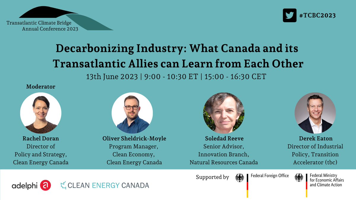 Transatlantic Climate Bridge (@climate_bridge) on Twitter photo This #TCBC2023 event will present the findings from <a href="/cleanenergycan/">Clean Energy Canada</a>’s recent White Paper 'Decarbonizing Industry in Canada and the G7'
Featuring:
<a href="/RachelSDoran/">Rachel Doran 🌎⚡️🌳</a>
<a href="/OllieSheldrick/">Ollie Sheldrick</a>
Soledad Reeve, <a href="/NRCan/">Natural Resources</a>
<a href="/derek_eaton/">Derek Eaton</a>, <a href="/CanAccelerator/">The Transition Accelerator</a>
Register here➡️adelph.it/TCBC23Decarb This #TCBC2023 event will present the findings from <a href="/cleanenergycan/">Clean Energy Canada</a>’s recent White Paper 'Decarbonizing Industry in Canada and the G7'
Featuring:
<a href="/RachelSDoran/">Rachel Doran 🌎⚡️🌳</a>
<a href="/OllieSheldrick/">Ollie Sheldrick</a>
Soledad Reeve, <a href="/NRCan/">Natural Resources</a>
<a href="/derek_eaton/">Derek Eaton</a>, <a href="/CanAccelerator/">The Transition Accelerator</a>
Register here➡️adelph.it/TCBC23Decarb