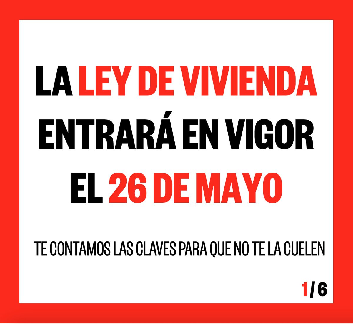 📢Hoy se ha publicado la Ley de Vivienda en el BOE, por lo que entrará en vigor mañana.

Hemos logrado acabar con la estafa de los honorarios, desvincular las subidas interanuales del IPC y poner la regulación de alquileres sobre la mesa.

Aquí nuestra guía con todas las claves👇