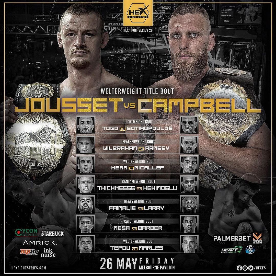 Set those alarms! 🚨 #HexFS26 is LIVE early TOMORROW MORNING on #FITE.

Middleweight champ, Kevin Jousset goes down to challenge welterweight champ, Kitt Campbell in the main event.

@georgesots returns after a 9-year #MMA absence.

👉 bit.ly/HEXFS26FITE

@SchiavelloVOICE