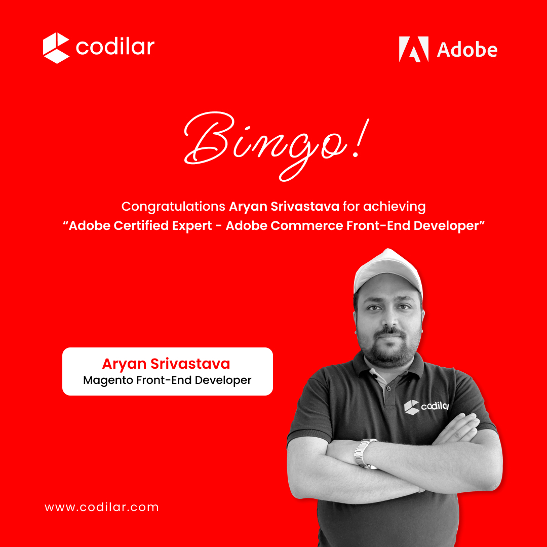 Congratulations to Aryan Srivastava on successfully achieving the esteemed certification of 'Adobe Certified Expert - Adobe Commerce Front-End Developer.'

#employeeachievement #adobecertifiedexpert #adobefrontenddeveloper #magento #adobecommerce #magentodeveloper #Codilar