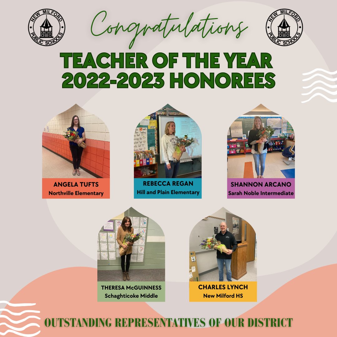 Congratulations to our TOTY 22-23 Honorees! 
We're grateful to have all of you in our district. 
👏💯🎉💐
@HPS_CT @NES_CT @SNIS_CT @SMS_CT @NMHS_CT 
#TOTY #TeacheroftheYear #Congratulations