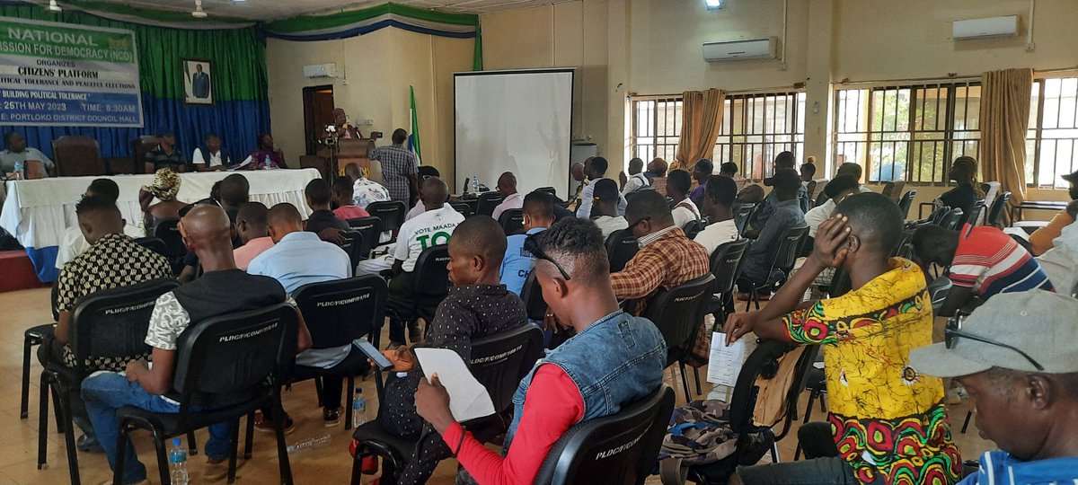 The National Commission for Democracy (NCD) is engaging stakeholders in Port Loko, including political parties at the Citizens' Platform for Political Tolerance meeting at the Port Loko District Council Hall with the theme "Political Tolerance for Praceful 2023 elections".