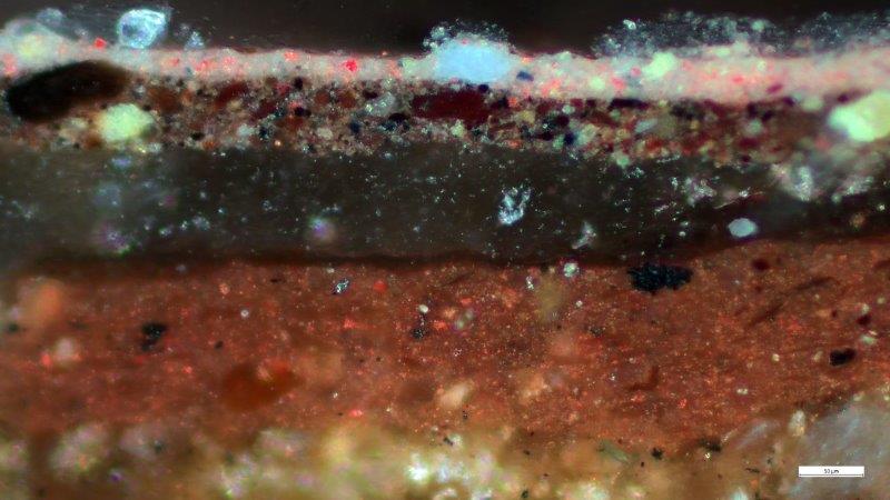 NMWPrevCons's tweet photo. Beautiful cross section from a sunset in our #Strozzi painting #technicalexamination #paintingsconservation https://t.co/br0zv8BLpu