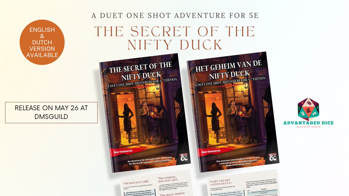 One last check for typos (there always are 🙂) because from tomorrow 'The Secret of the Nifty Duck' will be available via #dmsguild .

#dnd #ttrpg #roleplaying #rpg #dungeonsanddragons #dungeonmaster #adventure #homebrew #mystery #tavern #ttrpgfamily