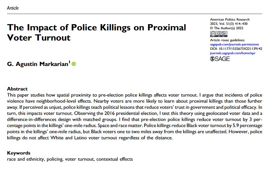 Markarian (APR, 2023) & Morris/Shoub (APSR, 2023) present divergent views on police killings' influence on voter turnout. Their differing conclusions underline how researchers' data choices can skew results, highlighting the need for caution before drawing definitive conclusions.