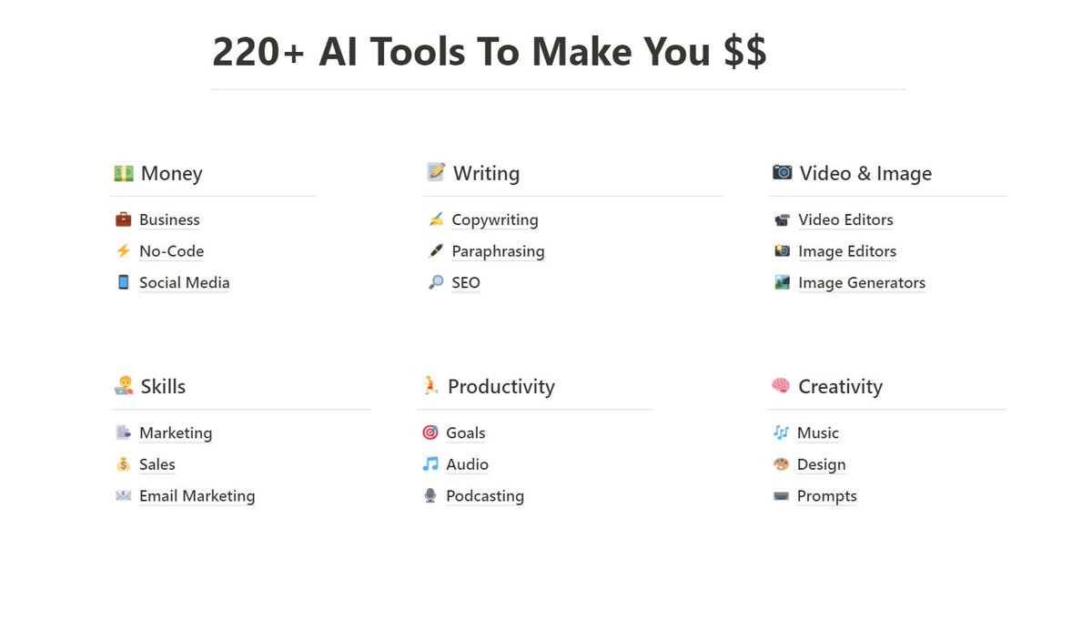 Creators are making $1,000,000s using AI.

But, 99% of people don't know which tools to use.

So I've created a list of the 220+ Best AI tools.

For the next 36 hrs, it's FREE! 
 
Like, RT &amp; Comment "Money"

And I'll DM it to you.
 
(Must Be Following Me)
