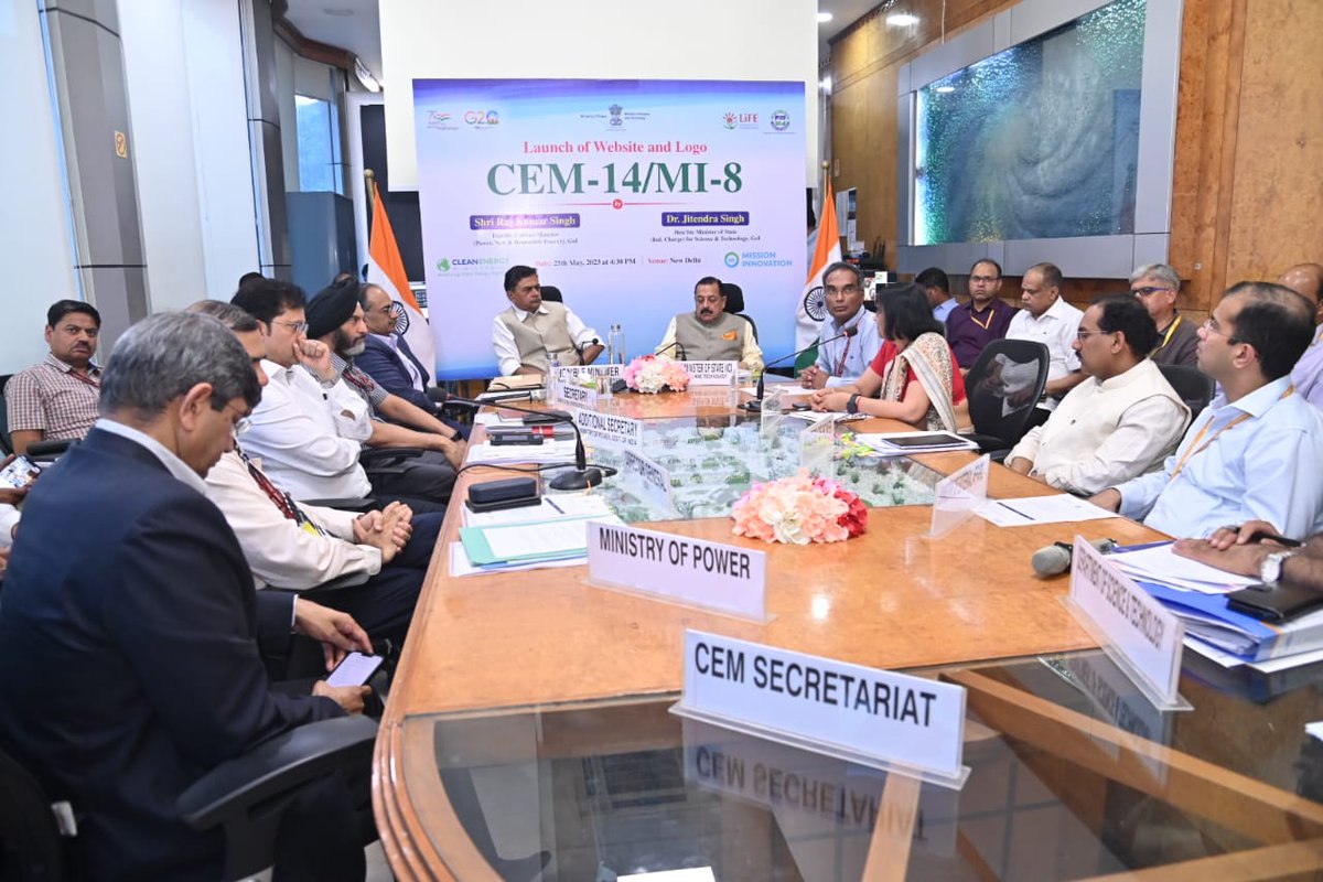 Office of R.K. Singh (@OfficeOfRKSingh) on Twitter photo 2023-05-25 13:32:19 Hon'ble Minister of Power and New & Renewable Energy Shri @RajKSinghIndia and Hon'ble Minister of State (Ind.Charge) Science & Technology Shri @DrJitendraSingh jointly launched the website and unveiled logo of Clean Energy Ministerial (CEM-14/MI-8) at Shram Shakti Bhawan today. Hon'ble Minister of Power and New & Renewable Energy Shri @RajKSinghIndia and Hon'ble Minister of State (Ind.Charge) Science & Technology Shri @DrJitendraSingh jointly launched the website and unveiled logo of Clean Energy Ministerial (CEM-14/MI-8) at Shram Shakti Bhawan today.