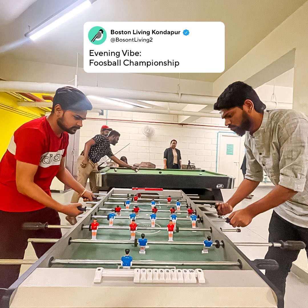 Let’s see who wins! 🥅⚽️

Join the flock today to experience Co-living like never before! 
.
.
#bostonliving #hyderabad #hyderabadcoliving #millenials #selfie #games #friends #fun #gametime #fungame #fungames #tt #tabletennis #pool #poolgame #carrom #carromboard #foosball