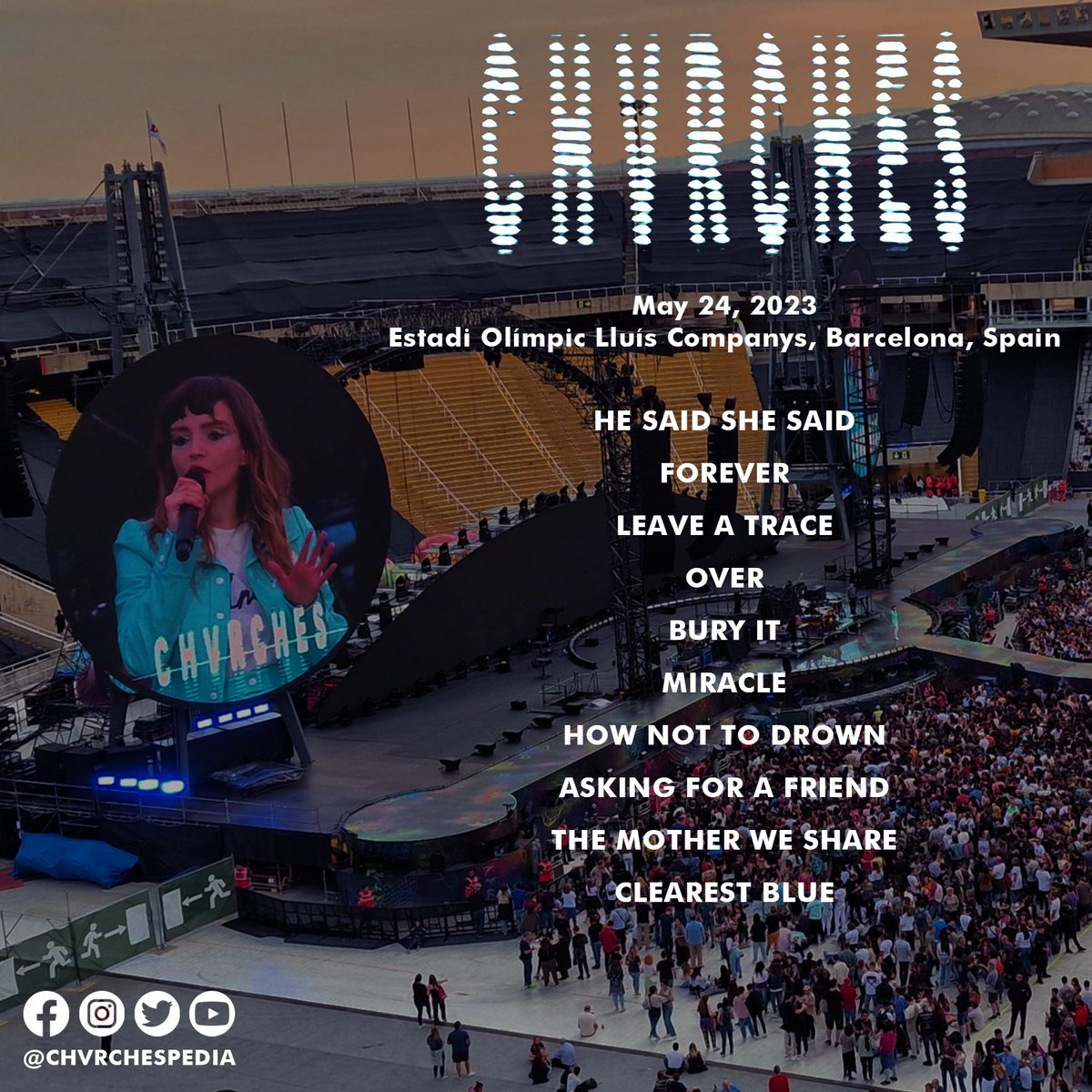 🗓️ May 24, 2023
🇪🇸 Estadi Olímpic Lluís Companys, Barcelona, Spain
🌐 Coldplay's Music Of The Spheres Brazil Tour
📝 Setlist

📷 @rm_asun

@CHVRCHES 
@Iain_A_Cook
@laurenevemay
@doksan
@thejonnyscott
@coldplay

#Coldplay #CHVRCHES #LaurenMayberry #MusicOfTheSpheresWorldTour