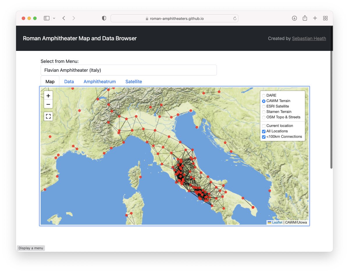 Last night I added a '<100 Connections' overlay to the Amphitheater Browser. A hint of '#NetworkAnalysis'. Or at least some sense of where there are many 'close' amphitheaters. Pic shows it looks nice with the CAWM Basemap roman-amphitheaters.github.io/browser/ . 1/2