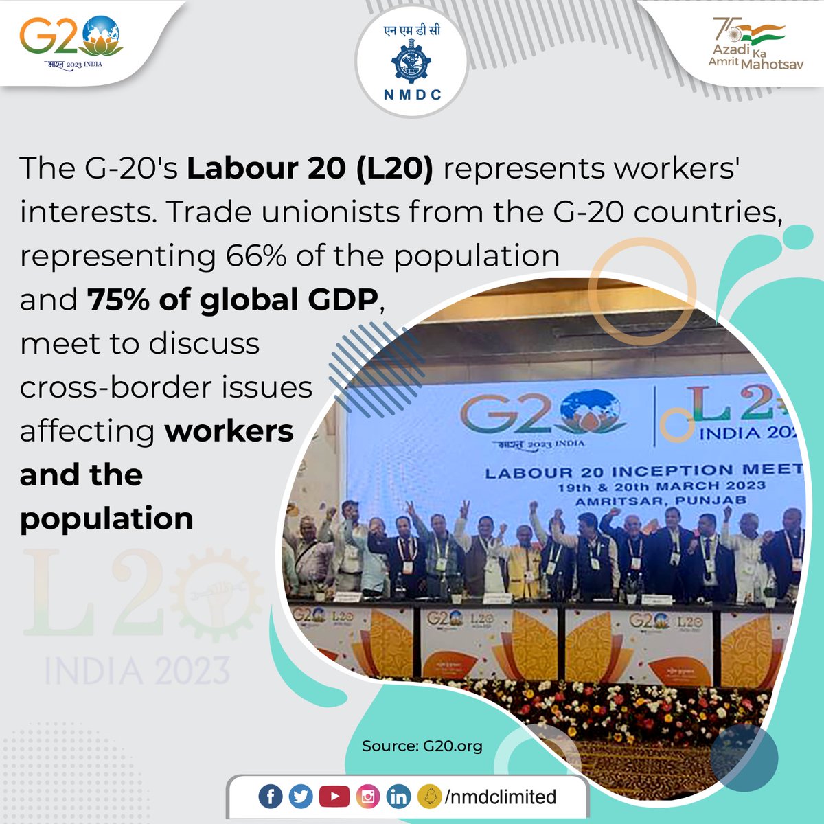 nmdclimited's tweet photo. The L20 Inception Meet focused on Universalization of Social Security with women at the centre of future of work. The L20 group actively engages with intergovernmental processes to ensure a better, equal, and sustainable world.

#NMDC #G20 #L20 #Labor20 #SocialSecurity https://t.co/QqNIJzCgTI