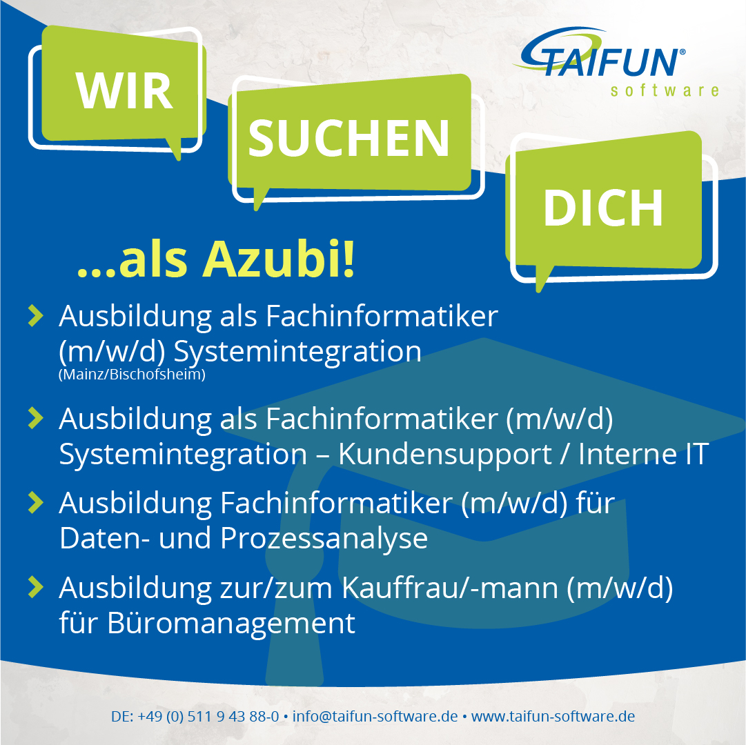 TAIFUN_Software's tweet photo. Wir suchen Dich
...als Azubi!

➡ Fachinformatiker (m/w/d) oder Büromanagement 👩‍💻👨‍💻.
➡ am Hauptbahnhof Hannover 🚉🏢 oder in Mainz/Bischofsheim
➡ Aufgaben, Qualifikationen &amp; Fähigkeiten und was wir Dir bieten erfährst Du hier 🧐:

https://t.co/R1rvBZJ3ev

#Ausbildung #Azubi https://t.co/wnUMFKXwDJ