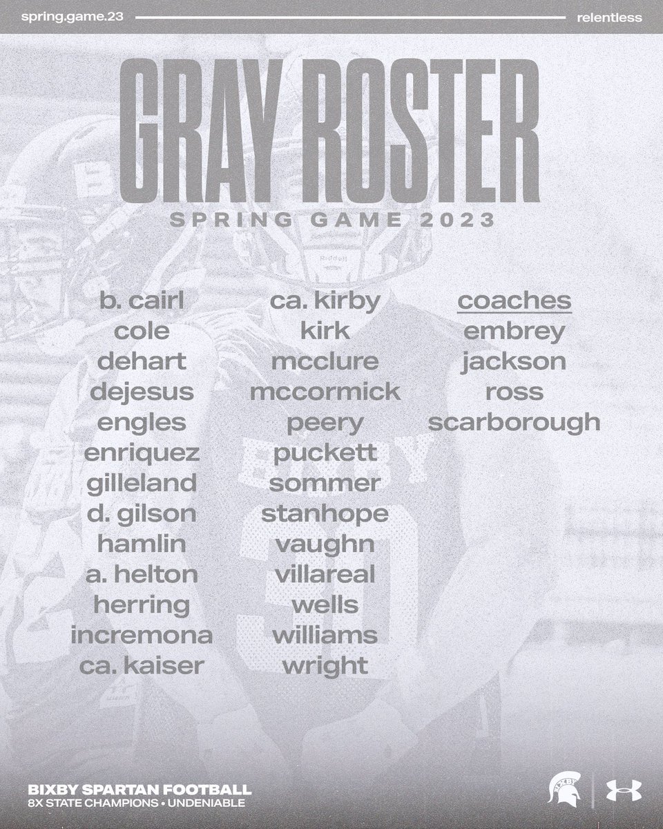 The stage is set- check out tonight’s rosters for our 2023 Spring Game.

🏈 2023 Spartan Spring Game
📆 Thursday, May 25th at 6 pm
📍 Lee Snider Field
🎟️ One Case of Gatorade

Spartan Nation, we’ll see you TONIGHT!

#BixbySpartans | #Undeniable