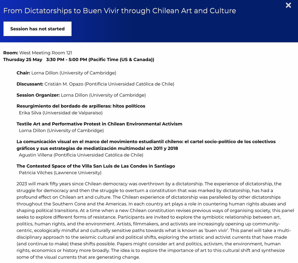 LASA VISUAL CULTURE STUDIES (@lasavcs) on Twitter photo ¡Hoy! <a href="/LASA2023/">Luis Alberto Sanchez</a> ¡Unanse a nosotros! "From Dictatorships to Buen Vivir through Chilean Art and Culture" #LASA2023
<a href="/lasaconosur/">LASA CONO SUR</a> @LASACONGRESS <a href="/Threadsofunity1/">Lorna Dillon</a> ¡Hoy! <a href="/LASA2023/">Luis Alberto Sanchez</a> ¡Unanse a nosotros! "From Dictatorships to Buen Vivir through Chilean Art and Culture" #LASA2023
<a href="/lasaconosur/">LASA CONO SUR</a> @LASACONGRESS <a href="/Threadsofunity1/">Lorna Dillon</a>