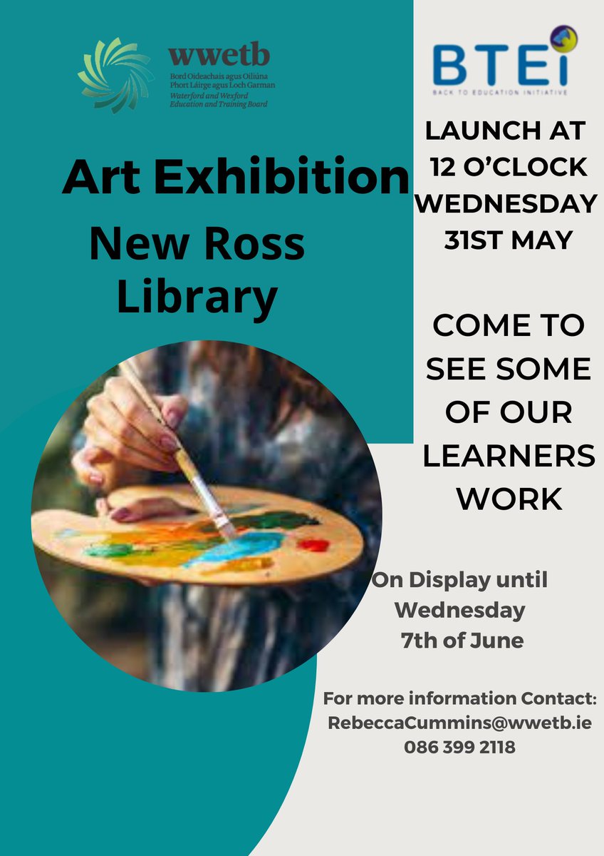 WWETBofficial's tweet photo. 🌟An Exhibition of wonderful work by BTEI Learners will be on display in the New Ross Library next week.

For more information on our new Art Classes in September contact Rebecca Cummins on 086 399 2118 or rebeccacummins@wwetb.ie
#WWETB #BTEI #PartTimeLearning
#Learning4Living https://t.co/r4fmcopyIf