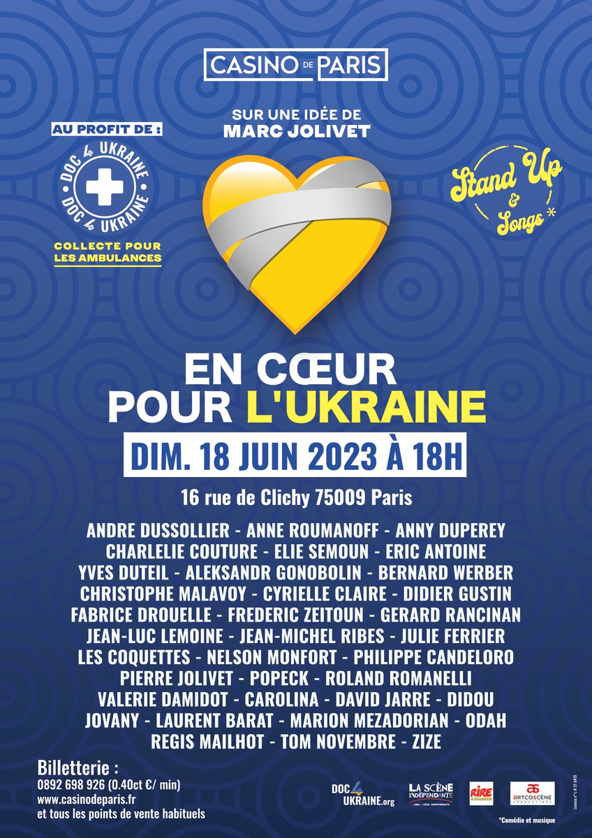 Rire et Chansons (@rirechansons) on Twitter photo Le spectacle "En cœur pour l'Ukraine" au
<a href="/leCasinodeParis/">Casino de Paris</a> le 18 Juin avec #rireetchansons👍au profit de l'association Doc4Ukraine.
👋<a href="/DamidotValerie/">Valérie Damidot 🍓</a> <a href="/eric_antoine/">Eric Antoine</a> <a href="/anne_roumanoff/">Anne Roumanoff</a> <a href="/SemounElie/">elie semoun</a> <a href="/JeanLucLemoine/">Jean-Luc Lemoine</a> <a href="/regismailhot/">regis mailhot</a> <a href="/laurent_barat/">Laurent Barat</a> ...
Réservations▶️casinodeparis.fr/fr/manifestati… Le spectacle "En cœur pour l'Ukraine" au
<a href="/leCasinodeParis/">Casino de Paris</a> le 18 Juin avec #rireetchansons👍au profit de l'association Doc4Ukraine.
👋<a href="/DamidotValerie/">Valérie Damidot 🍓</a> <a href="/eric_antoine/">Eric Antoine</a> <a href="/anne_roumanoff/">Anne Roumanoff</a> <a href="/SemounElie/">elie semoun</a> <a href="/JeanLucLemoine/">Jean-Luc Lemoine</a> <a href="/regismailhot/">regis mailhot</a> <a href="/laurent_barat/">Laurent Barat</a> ...
Réservations▶️casinodeparis.fr/fr/manifestati…