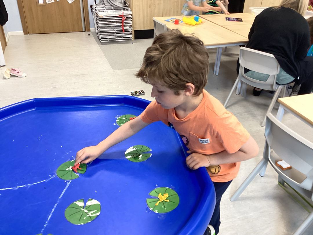 BridgeEaston's tweet photo. Apple Class have been learning about the life cycle of a frog. We enjoyed listening to songs explaining how a frog grows. We then explored the frog life cycle models in a sensory tray, played with frogs on lily pads and explored edible, sensory frogspawn. Lots of froggy fun! https://t.co/c7hWTAlQMx