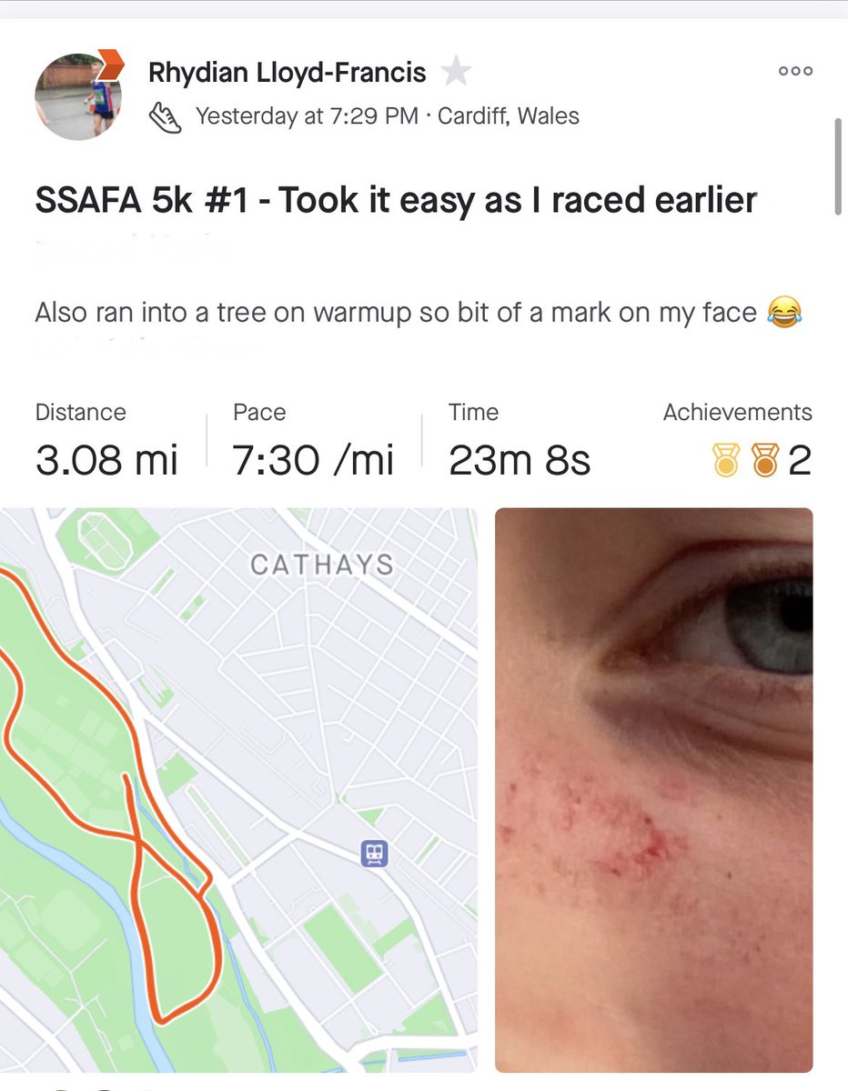 leofrancis2011's tweet photo. Great run for Rhydian yesterday, knocked 6 seconds off a 1500 pb he only had 3 weeks ago. Then onto SSAFA where he was taking it easy, but managed to run into a tree in warm up 🤦🏻‍♀️ @SWalesAthletics @welsh_aa @AddGorffLlan @WelshAthletics https://t.co/nzloOuzukY