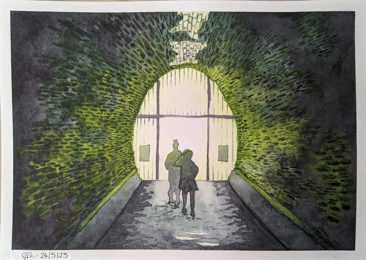 I've not liked anything I painted for a while, but I finished something last night I love! 

Friend and I in #kelmarshtunnel photographed by <a href="/kaveish/">David Marshall</a> 

Mostly <a href="/DANIELSMITH_ART/">DS Art Supplies</a> perylene green and green gold on #archeshotpressed 

#ArtistOnTwitter #watercolor #selftaughtartist