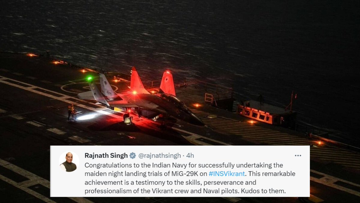 ians_india's tweet image. In a first, a #Mig29K fighter jet undertook a maiden night landing on the indigenously-built aircraft carrier #INSVikrant. 

The Navy termed it as a 'historic milestone'. Defence Minister #RajnathSingh also Congratulated on this milestone
