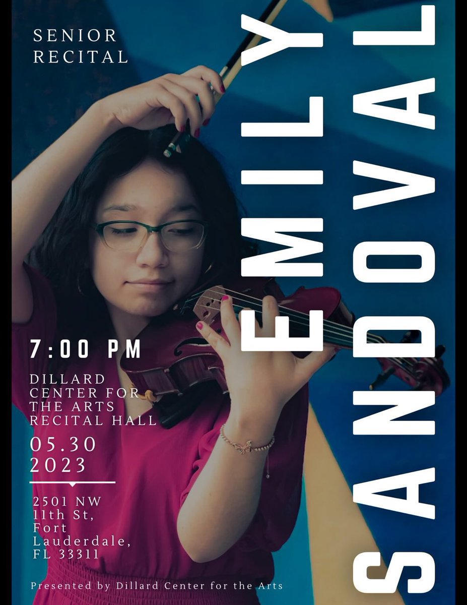 Next week Tuesday is Emily Sandoval's Senior Recital. Many of you have seen this amazing violinist perform, so you know of her talent.
Emily has given her all and so much more to teach &amp; lead Dillard's orchestra for the past 4 years. Tickets are free, please come out and support
