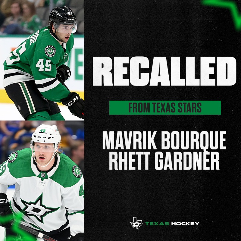 DallasStars's tweet photo. We have recalled Mavrik Bourque and Rhett Gardner from @TexasStars.