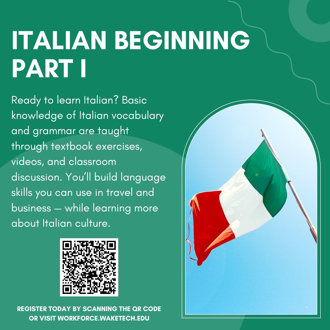 Ciao! Want to learn how to speak Italian while learning more about Italian culture? Register for our upcoming Italian Beginning Part I course! 

More details and registration: bit.ly/3GZaLN3 #Italian #WakeTech