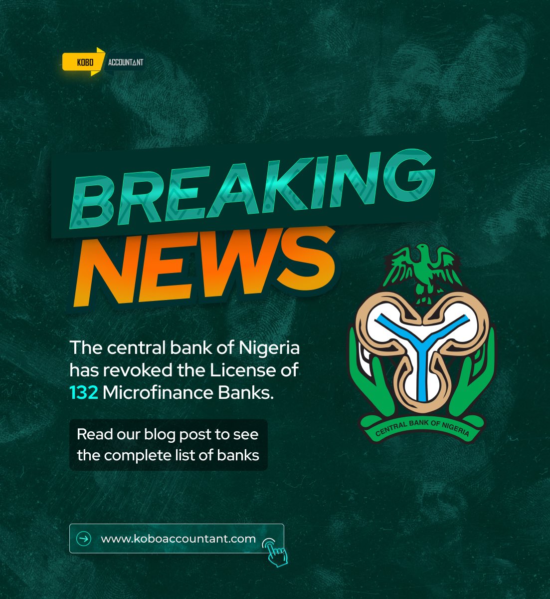 The CBN has revoked the license of 132 Microfinance banks.

A few notable names that made the list include: Eyowo MFB, FCMB MFB LTD, and FAIRMONEY MFB LTD.

Visit koboaccountant.com/lp to see the full list.

#breakingnews #cbnnigeria #financenews #financenigeria #koboaccountant