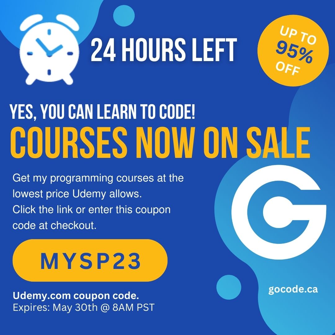 Get my courses at the BEST price. Coupon: MYSP23. Code expires: May 30, 2023 8:00 AM PDT. 

View all courses on sale at:
gocode.ca/coupons

#udemy #udemycoupon #udemy_coupon #go #golang #Vue #websockets #react #python #laravel #ubuntu #microservices #concurrency #Fyne