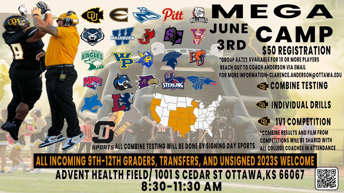 CoachNickDavis's tweet image. 22 Different Colleges
Signing Day Sports Combine Testing
Get a lot of reps filmed 
Recruits from 12 different states signed up

9-12 Grade
HS Coach 10-Person Group Rates 
Transfers Welcomed 
Unsigned 2023's Welcomed
Ottawafootballcamps.com