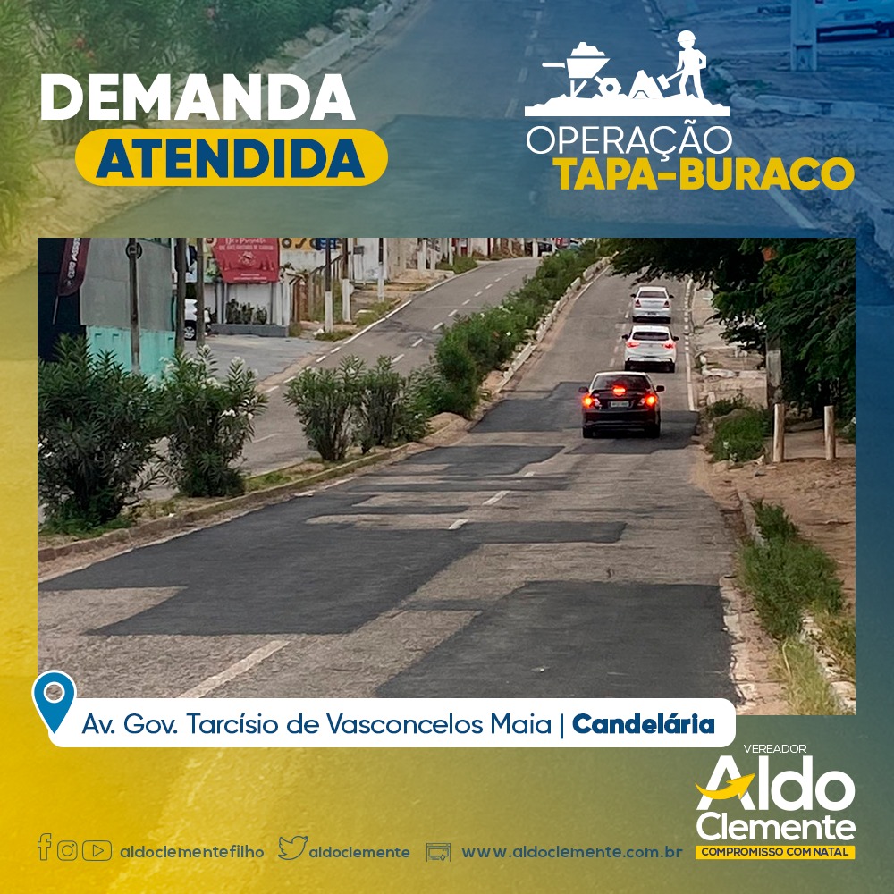 aldoclemente's tweet photo. Após solicitação do nosso mandato, a prefeitura realizou uma Operação Tapa-Buraco na Av. Gov. Tarcísio de Vasconcelos Maia, próx. à Salgado Filho, em Candelária. Agradeço mais uma vez à Seinfra e me mantenho à disposição da população para ajudar no que for necessário. https://t.co/bOiDE2KPvw