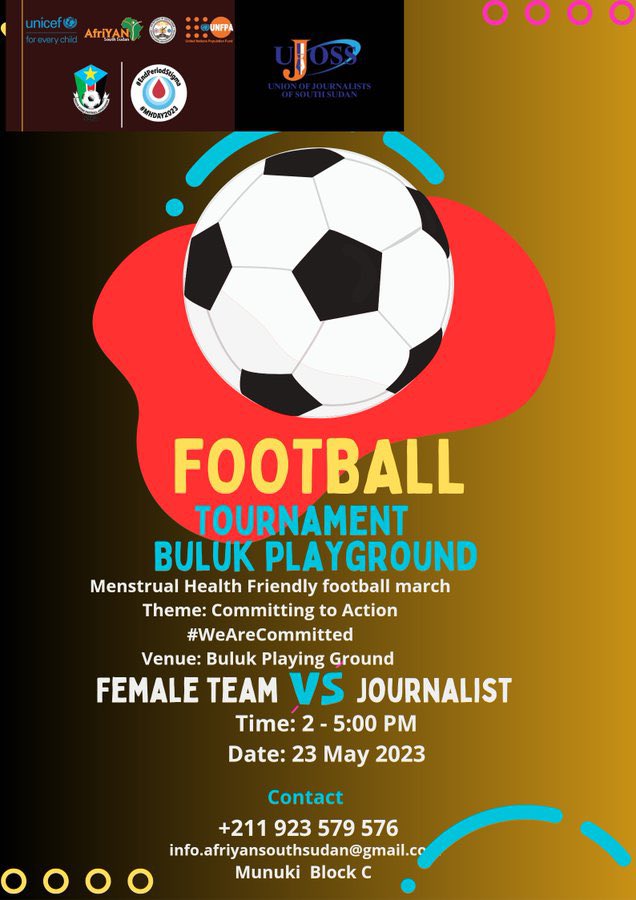Happening Now!!

Menstrual Health Friendly Football Match #BulukPlayground  
Between  #FemaleTeam VS #Journalists
@AfriYAN_SSD continues to advocate for #MHM under the theme “Committing to  Action” with support from @MinistrySsd @ssfa_com @UNFPASouthSudan 

#Musharaka4Tanmiya