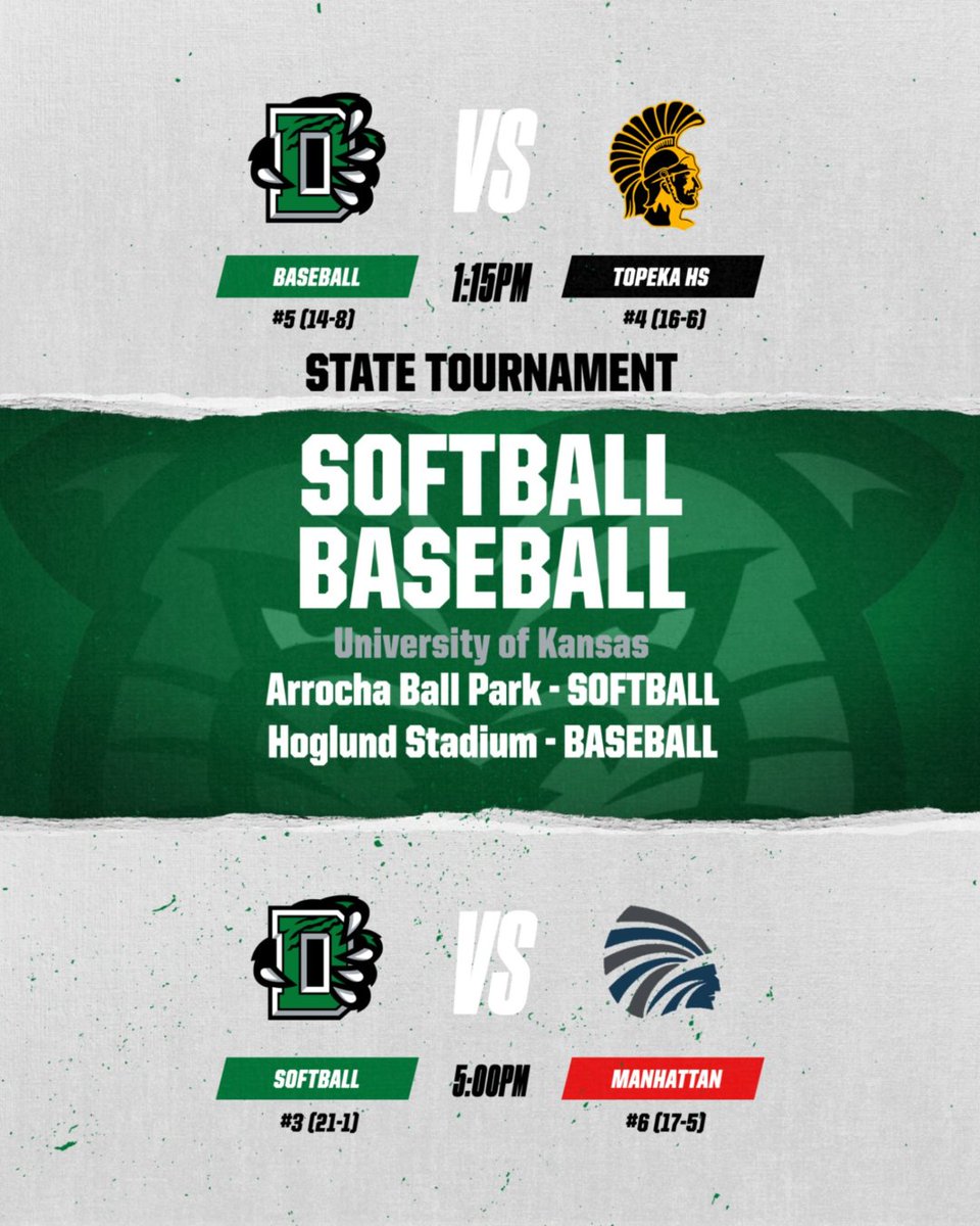 DHS_Panthers's tweet image. State Tournament Time! Baseball and Softball have their first round games in Lawrence today!

Baseball: vs. Topeka Cair Paravel at Hoglund Stadium - 1:15 pm
Softball: vs. Manhattan at Arrocha Ballpark 5:00 pm

GO PANTHERS! #GreenIsMagic