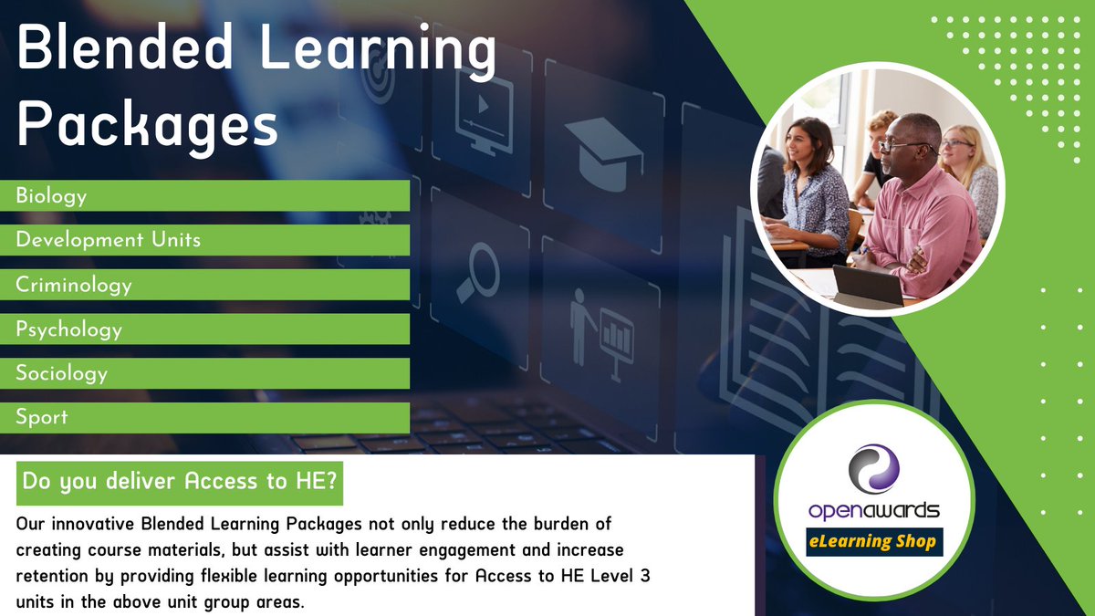 If you deliver #AccessToHE, our #BlendedLearning Packages could be perfect for you!💻 

They reduce the burden of creating course materials, boost #Learner engagement & provide flexible learning opportunities.⚡

Visit ▶ bit.ly/2Mbcq5X 👀

#ELearning #OnlineLearning