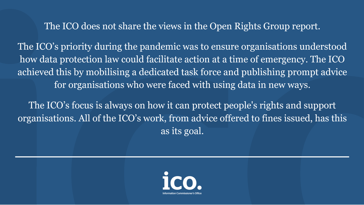 ICO - Information Commissioner's Office (@iconews) on Twitter photo NEW: We’ve published a statement in response to <a href="/OpenRightsGroup/">Open Rights Group</a>'s report. We dispute their views of the ICO’s work during the pandemic. Full statement below ⬇️
Read more about our work during the pandemic: ico.org.uk/about-the-ico/… NEW: We’ve published a statement in response to <a href="/OpenRightsGroup/">Open Rights Group</a>'s report. We dispute their views of the ICO’s work during the pandemic. Full statement below ⬇️
Read more about our work during the pandemic: ico.org.uk/about-the-ico/…