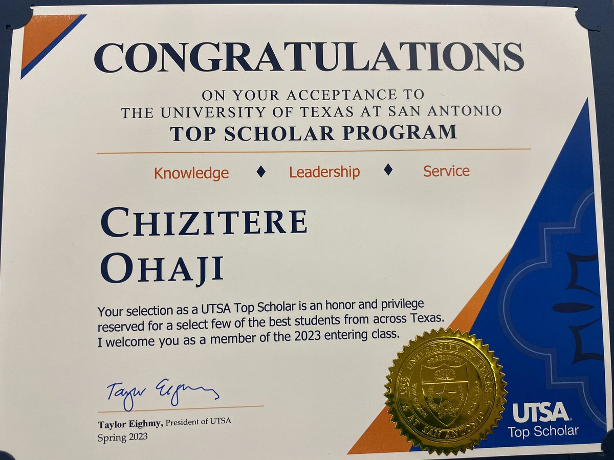 NISDHarlan's tweet photo. Congratulations to Chizitere Ohaji on earning a top scholar for UTSA!!!  Only 10 students earn this prestigious award.  She is #HarlanIgnited https://t.co/joIbl9kX46