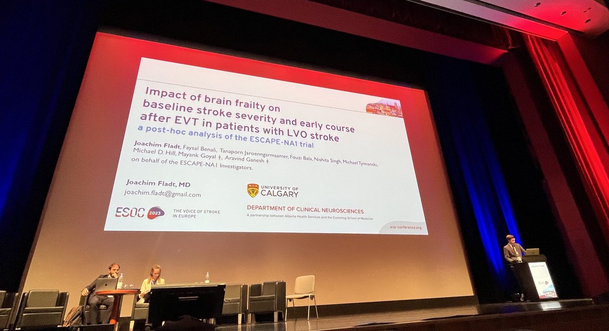 Absolutely fantastic to see @joachimfladt giving a PLATFORM talk at #ESOC2023 on #BrainFrailty & #stroke recovery in #ESCAPENA1! Big thanks to the donors @letsgetproof who partly funded the work! Coauthors incl @fayben91 @nishita_singh3 @FouziBala @mihill68 @mayank_G0 @ESOstroke