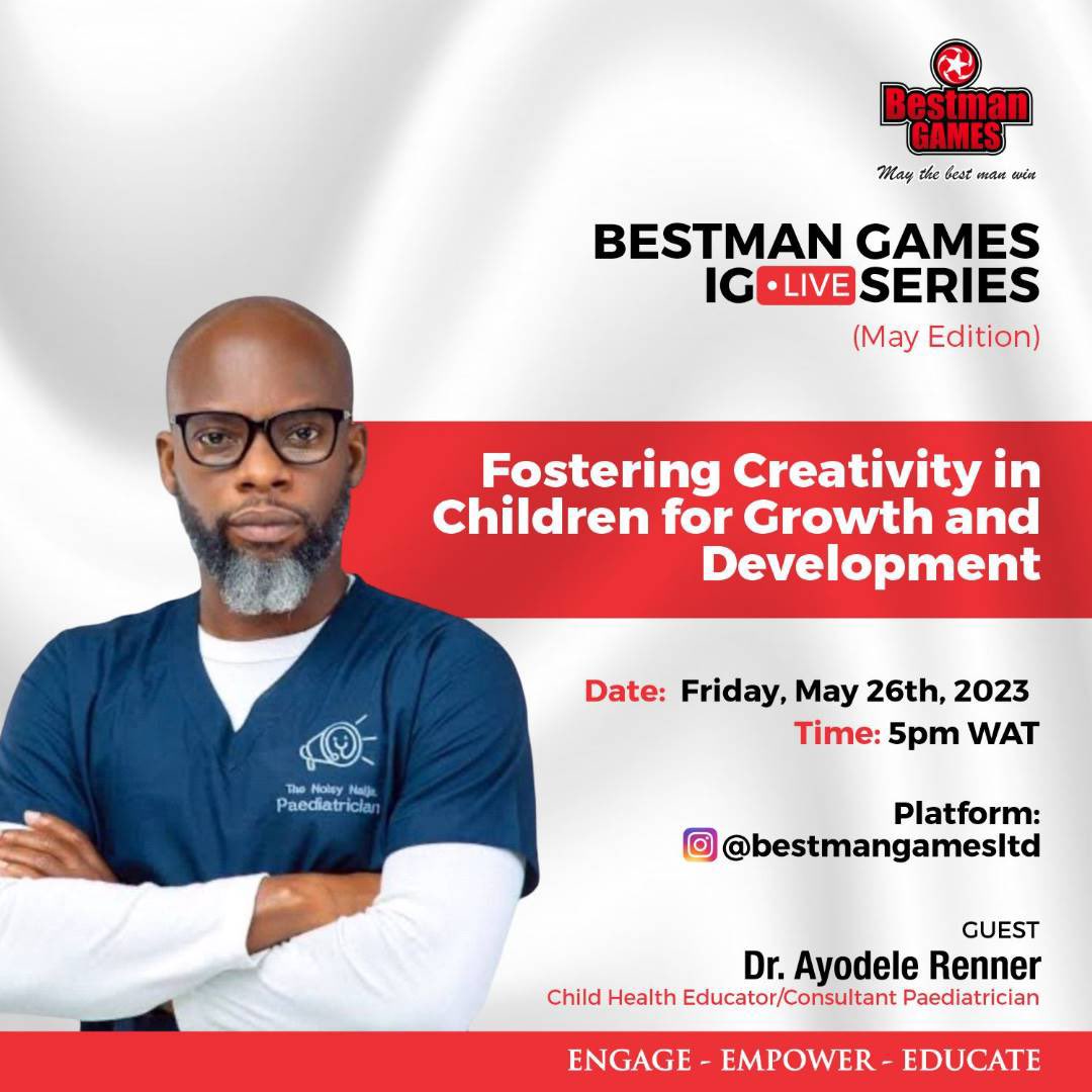 bestmangamesltd's tweet photo. Exciting news! 

Join us for a session on fostering #creativity in children with @noisydrrenner , renowned Paediatrician and Child Health Advocate. 

Don't miss out on Friday, May 26th, 2023 at 5pm WAT. 

Get inspired!

#BestmanGames  #FosteringCreativity #ChildDevelopment https://t.co/0rpH9cUBOC